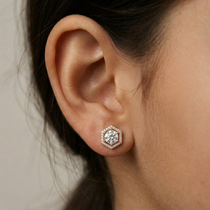 2.98Ct Moissanite Hexagon Halo Stud Earrings