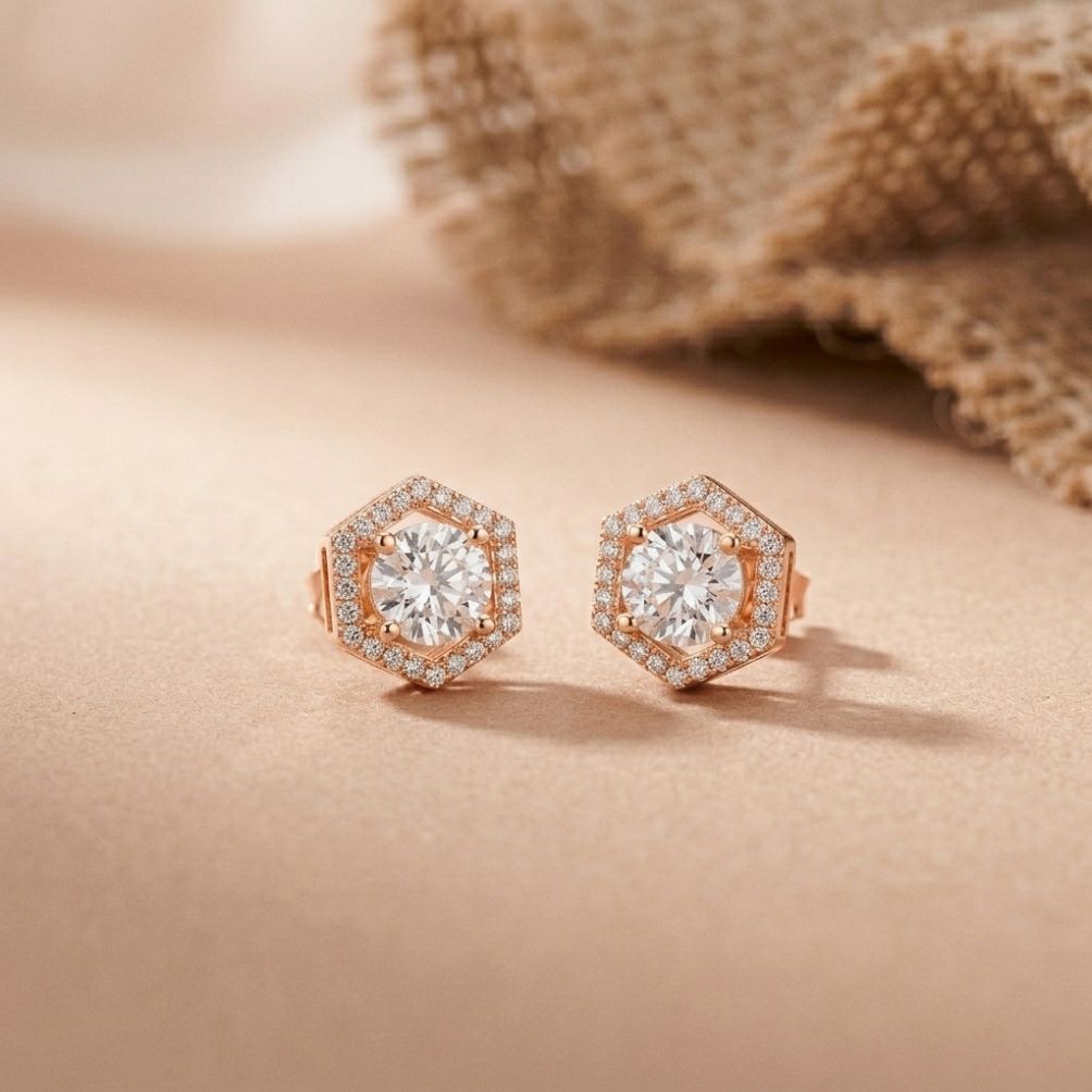 2.98Ct Moissanite Hexagon Halo Stud Earrings