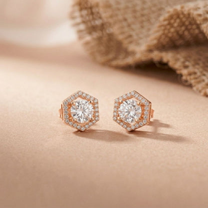 2.98Ct Moissanite Hexagon Halo Stud Earrings