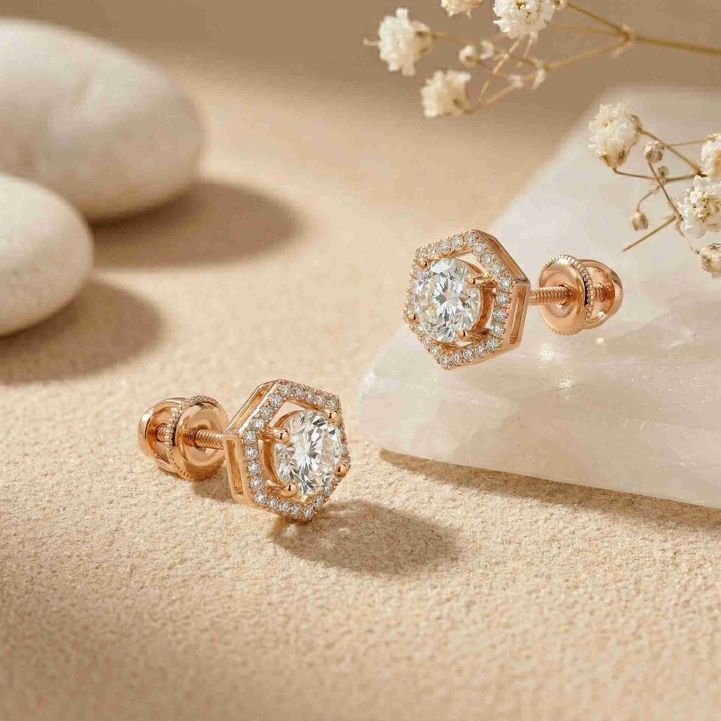 2.98Ct Moissanite Hexagon Halo Stud Earrings