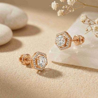 2.98Ct Moissanite Hexagon Halo Stud Earrings
