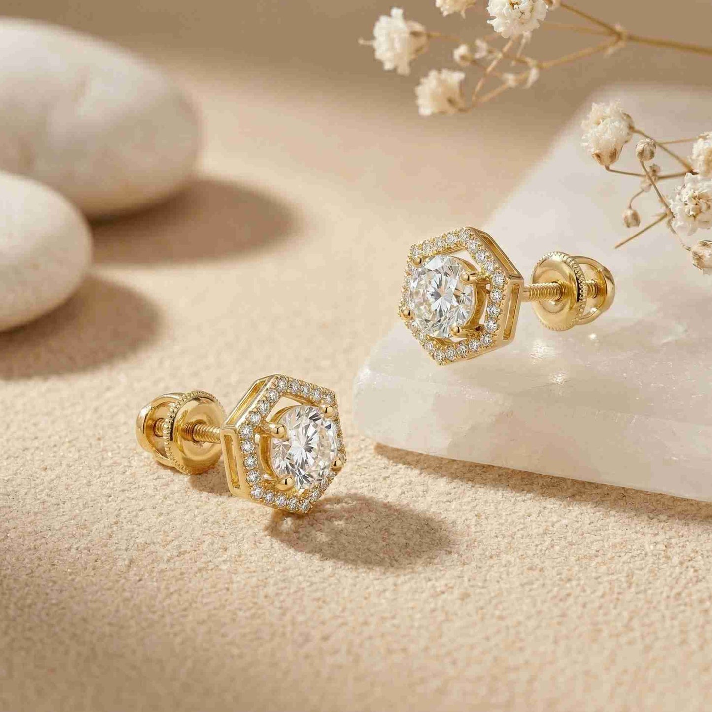 2.98Ct Moissanite Hexagon Halo Stud Earrings