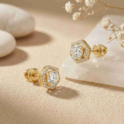 2.98Ct Moissanite Hexagon Halo Stud Earrings