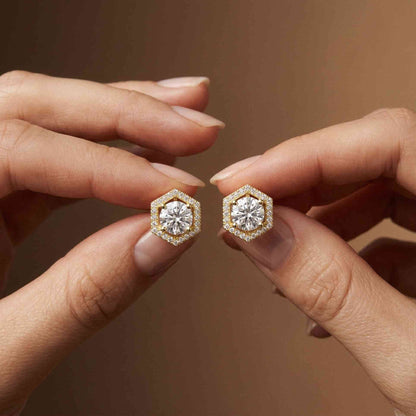 2.98Ct Moissanite Hexagon Halo Stud Earrings