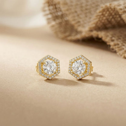 2.98Ct Moissanite Hexagon Halo Stud Earrings