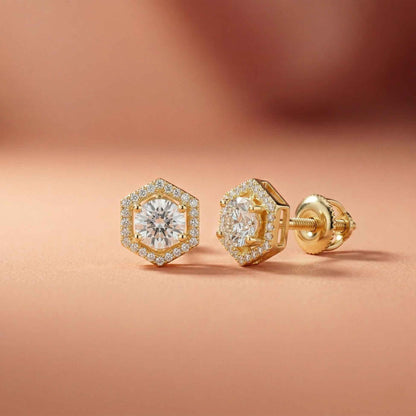 2.98Ct Moissanite Hexagon Halo Stud Earrings