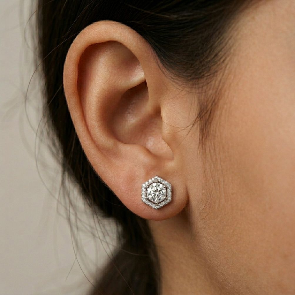2.98Ct Moissanite Hexagon Halo Stud Earrings