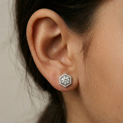 2.98Ct Moissanite Hexagon Halo Stud Earrings