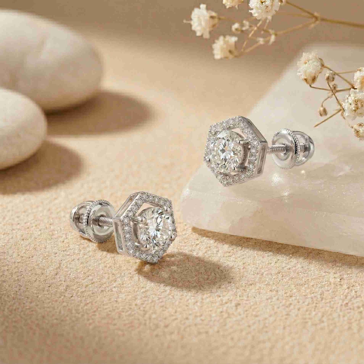 2.98Ct Moissanite Hexagon Halo Stud Earrings