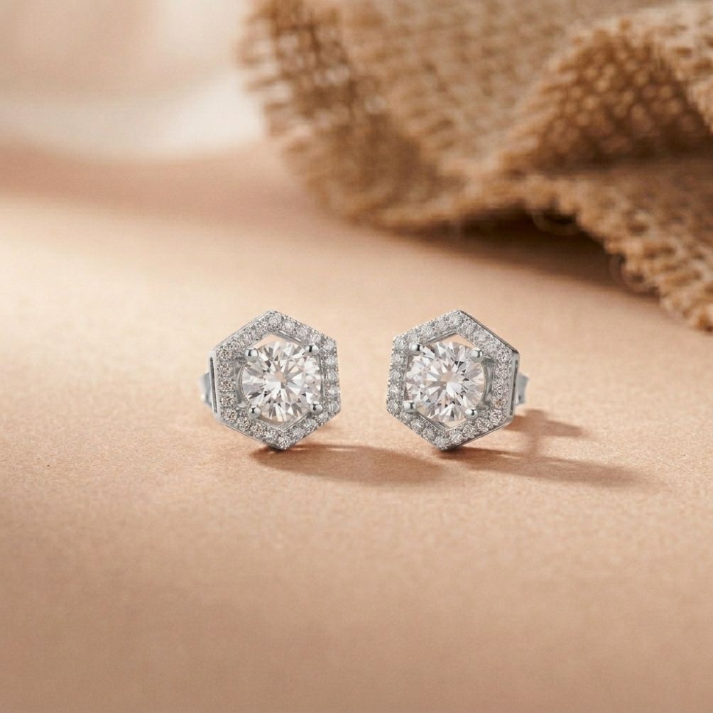 2.98Ct Moissanite Hexagon Halo Stud Earrings