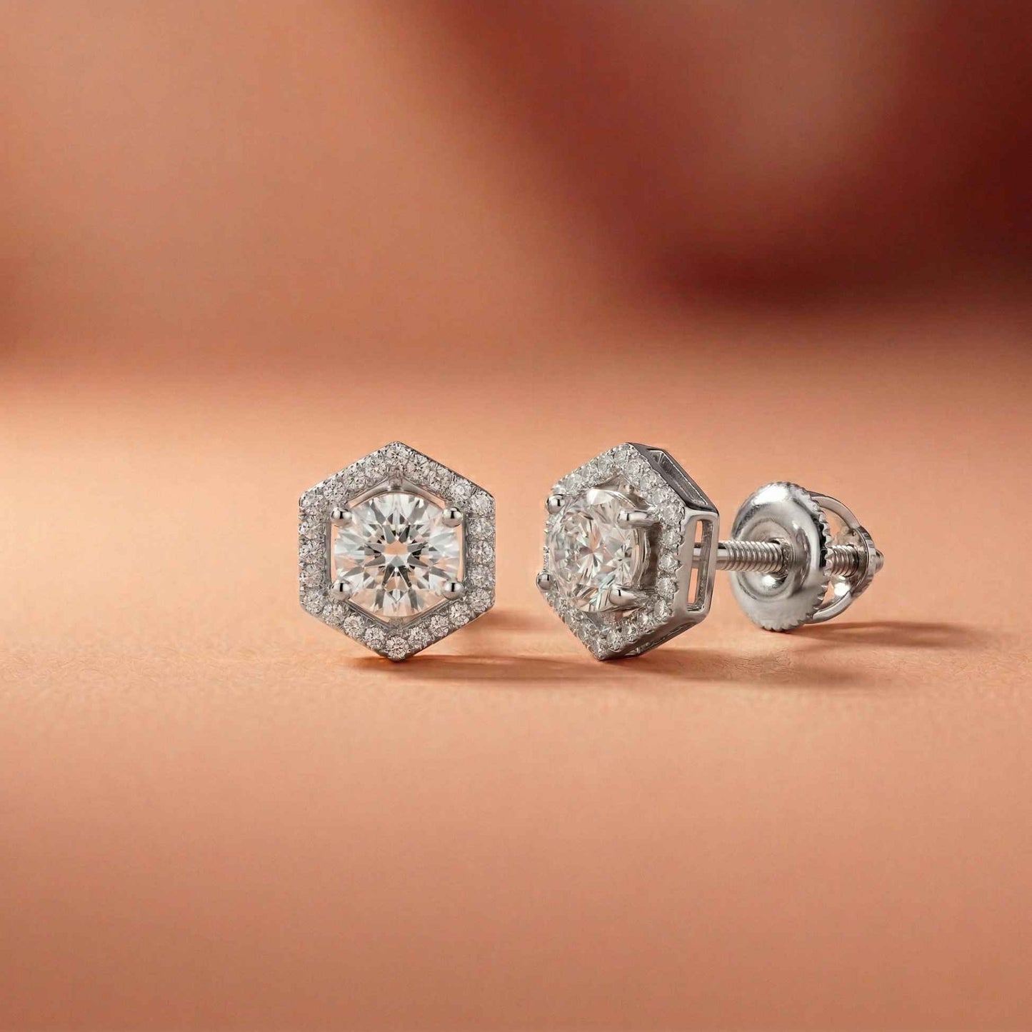 2.98Ct Moissanite Hexagon Halo Stud Earrings