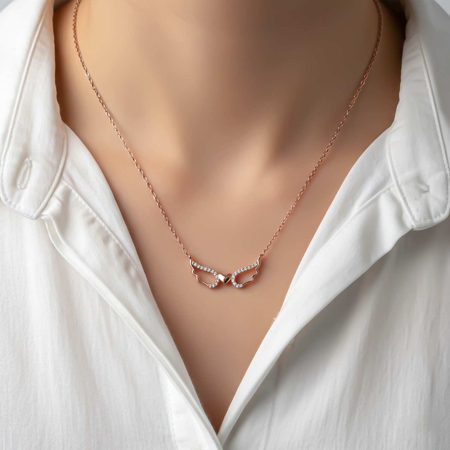 Rose Gold Angel Wings Heart Necklace