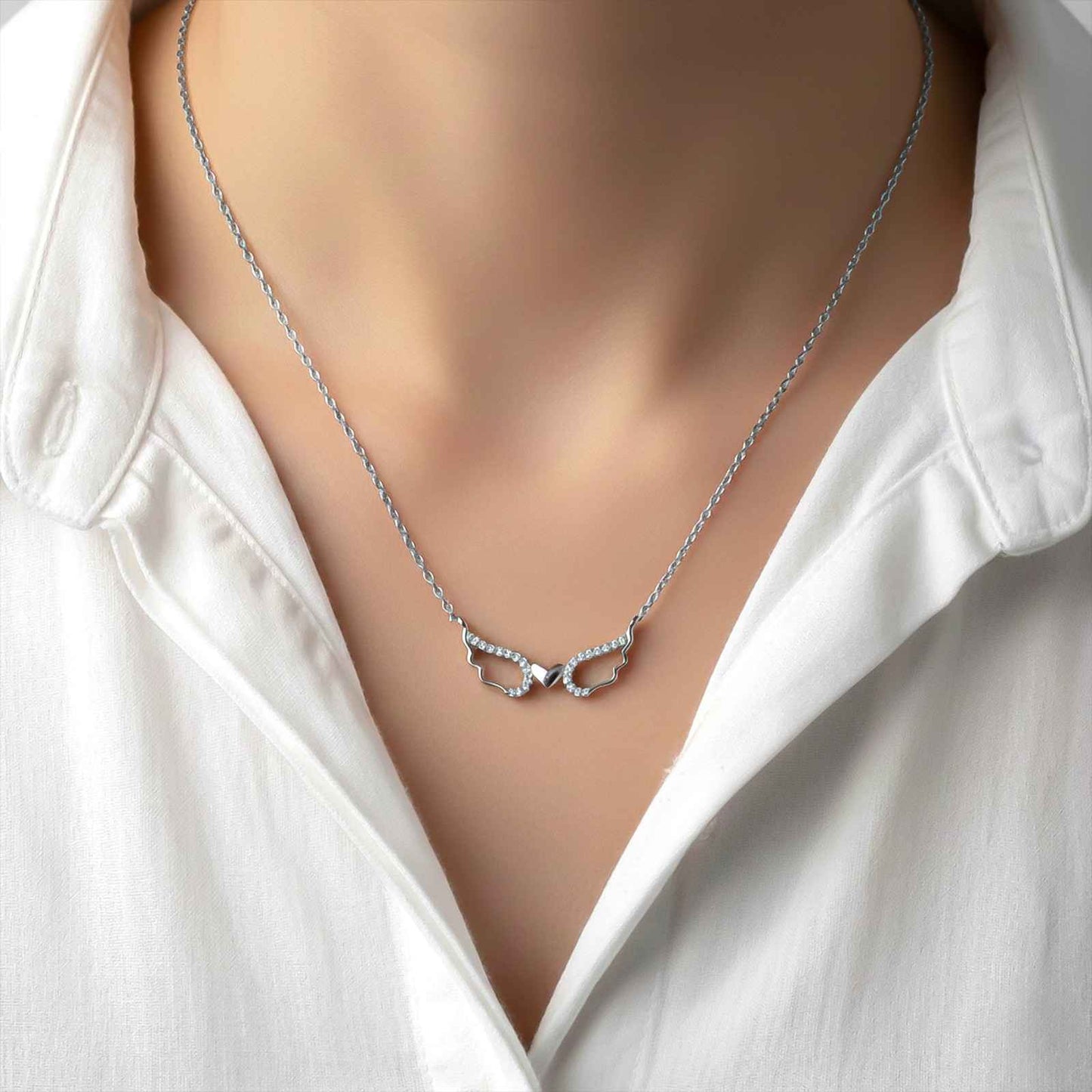 Silver Angel Wings Heart Necklace