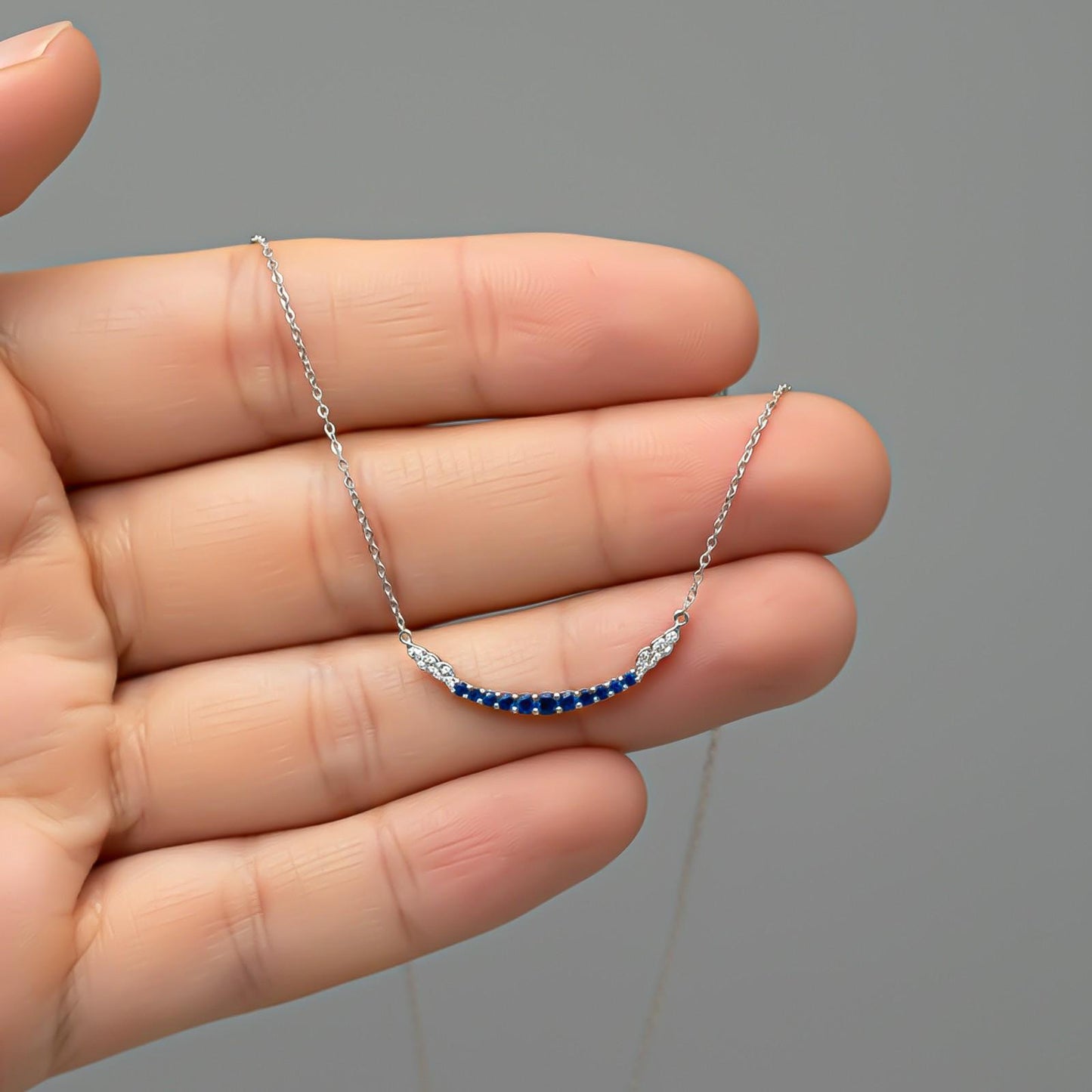 Silver Sapphire Curved Bar Necklace