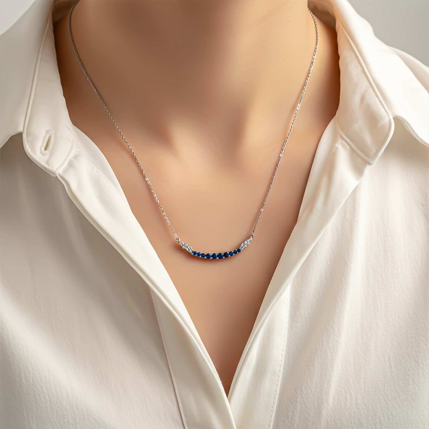 Silver Sapphire Curved Bar Necklace