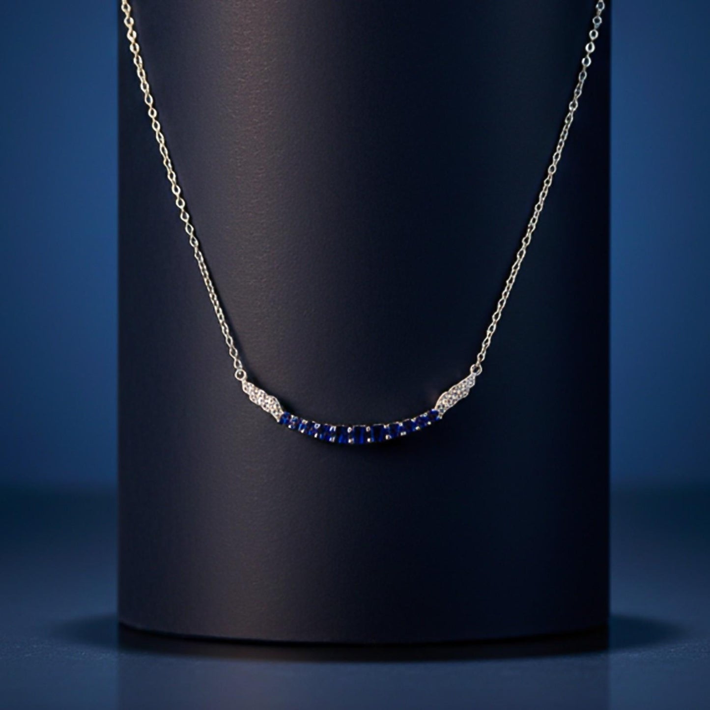 Silver Sapphire Curved Bar Necklace