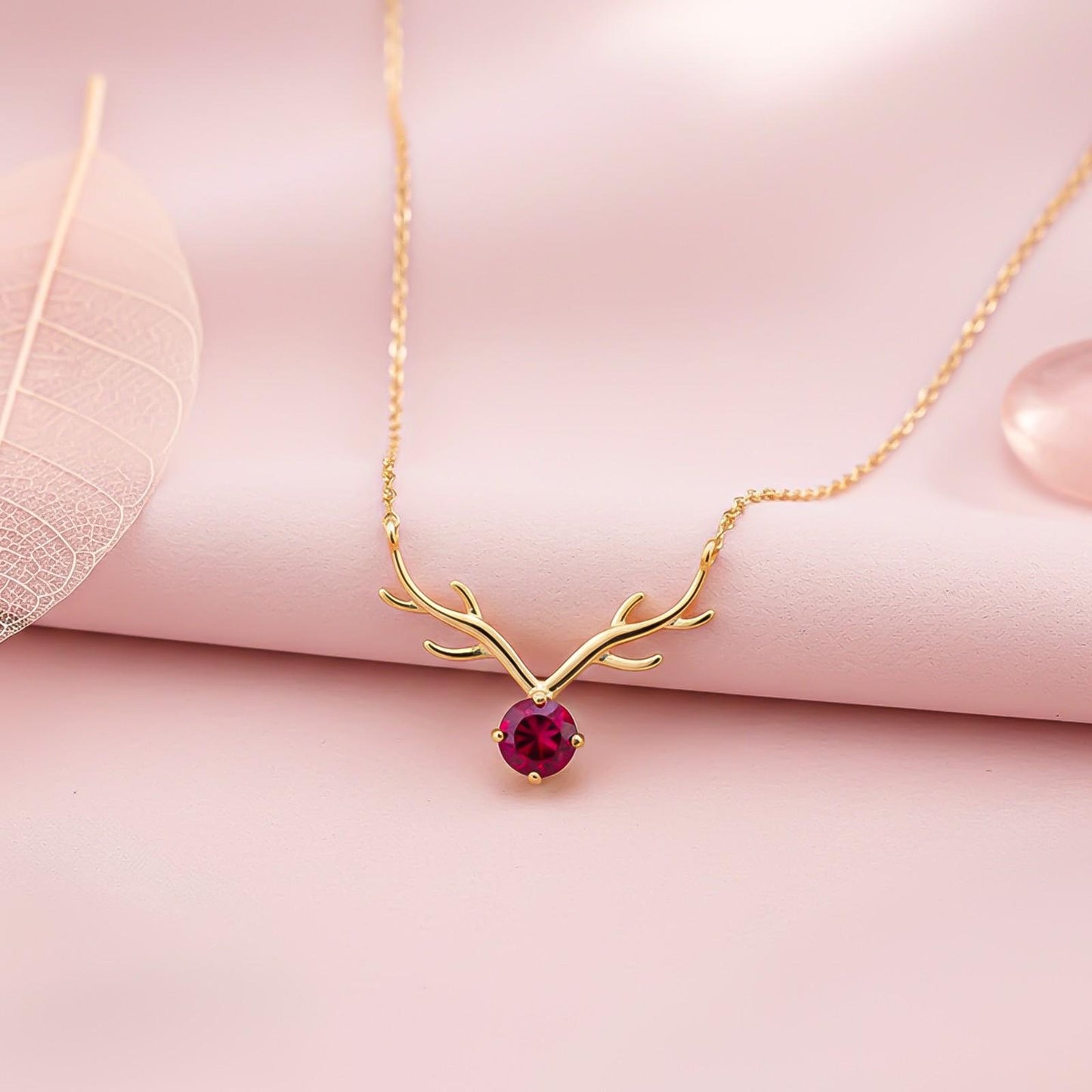 Golden Deer Theme Round Pink Sapphire Necklace