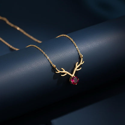 Golden Deer Theme Round Pink Sapphire Necklace
