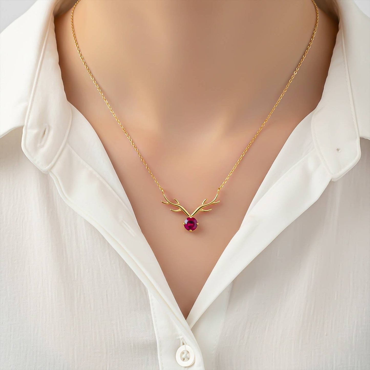 Golden Deer Theme Round Pink Sapphire Necklace