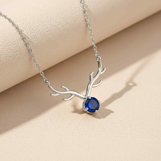Silver Deer Theme Round Blue Sapphire Necklace