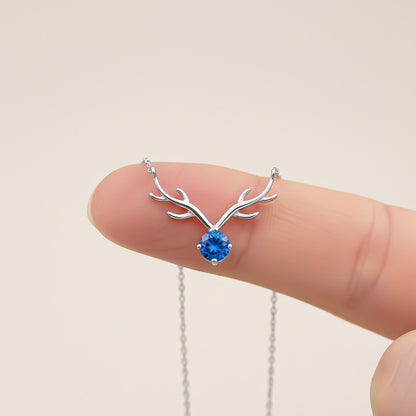 Silver Deer Theme Round Blue Sapphire Necklace