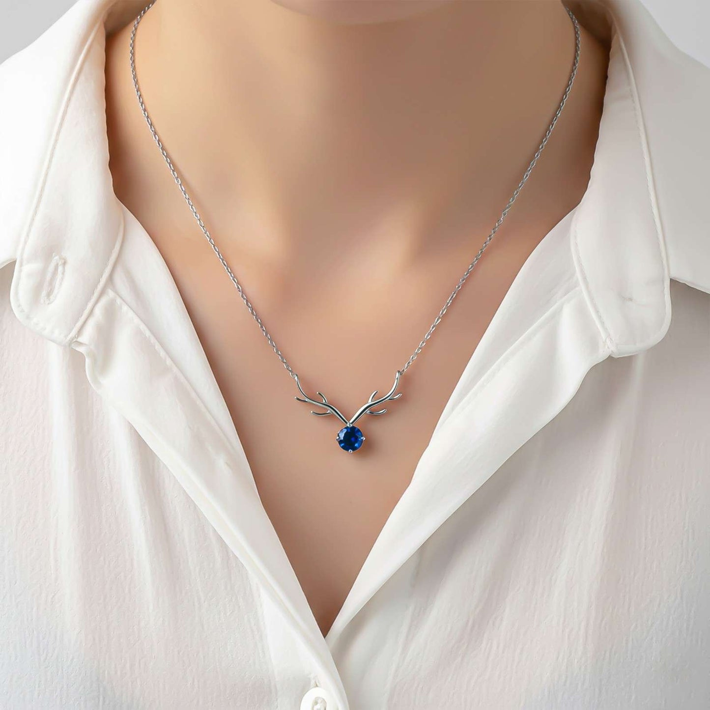 Silver Deer Theme Round Blue Sapphire Necklace