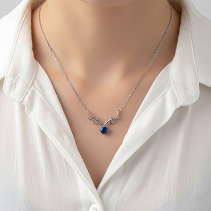 Silver Deer Theme Round Blue Sapphire Necklace