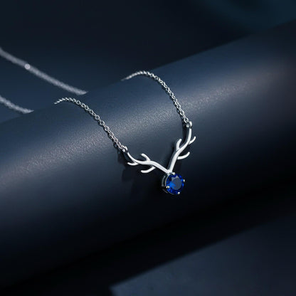 Silver Deer Theme Round Blue Sapphire Necklace