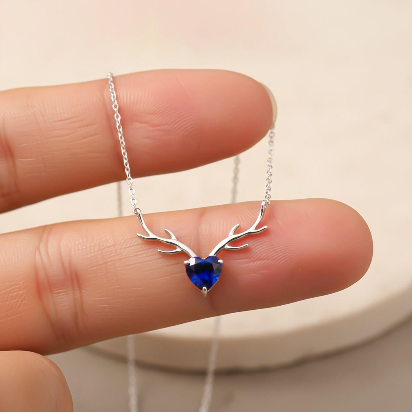 Silver Deer Theme Heart Sapphire Necklace