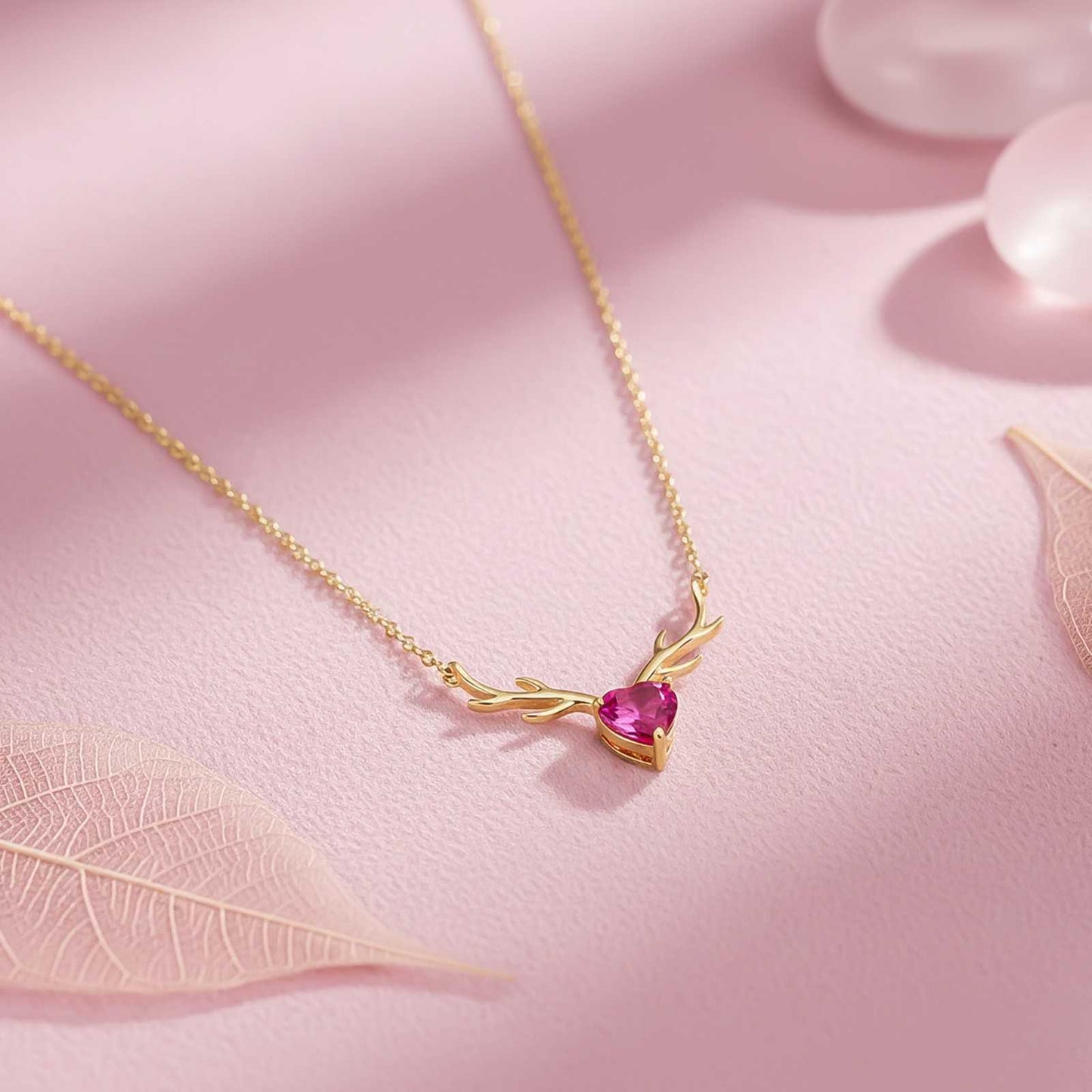 Golden Deer Theme Heart Pink Sapphire Necklace