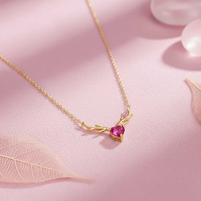 Golden Deer Theme Heart Pink Sapphire Necklace