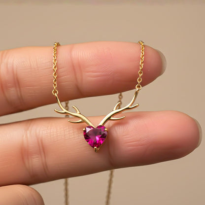 Golden Deer Theme Heart Pink Sapphire Necklace