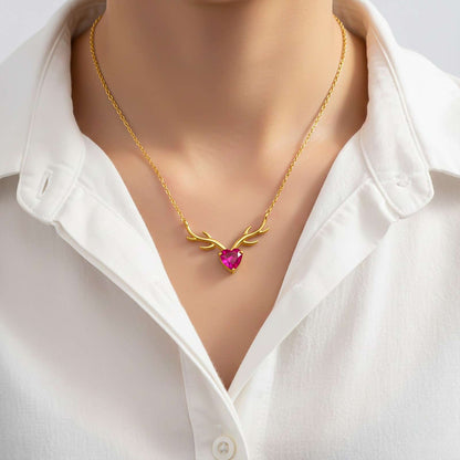 Golden Deer Theme Heart Pink Sapphire Necklace