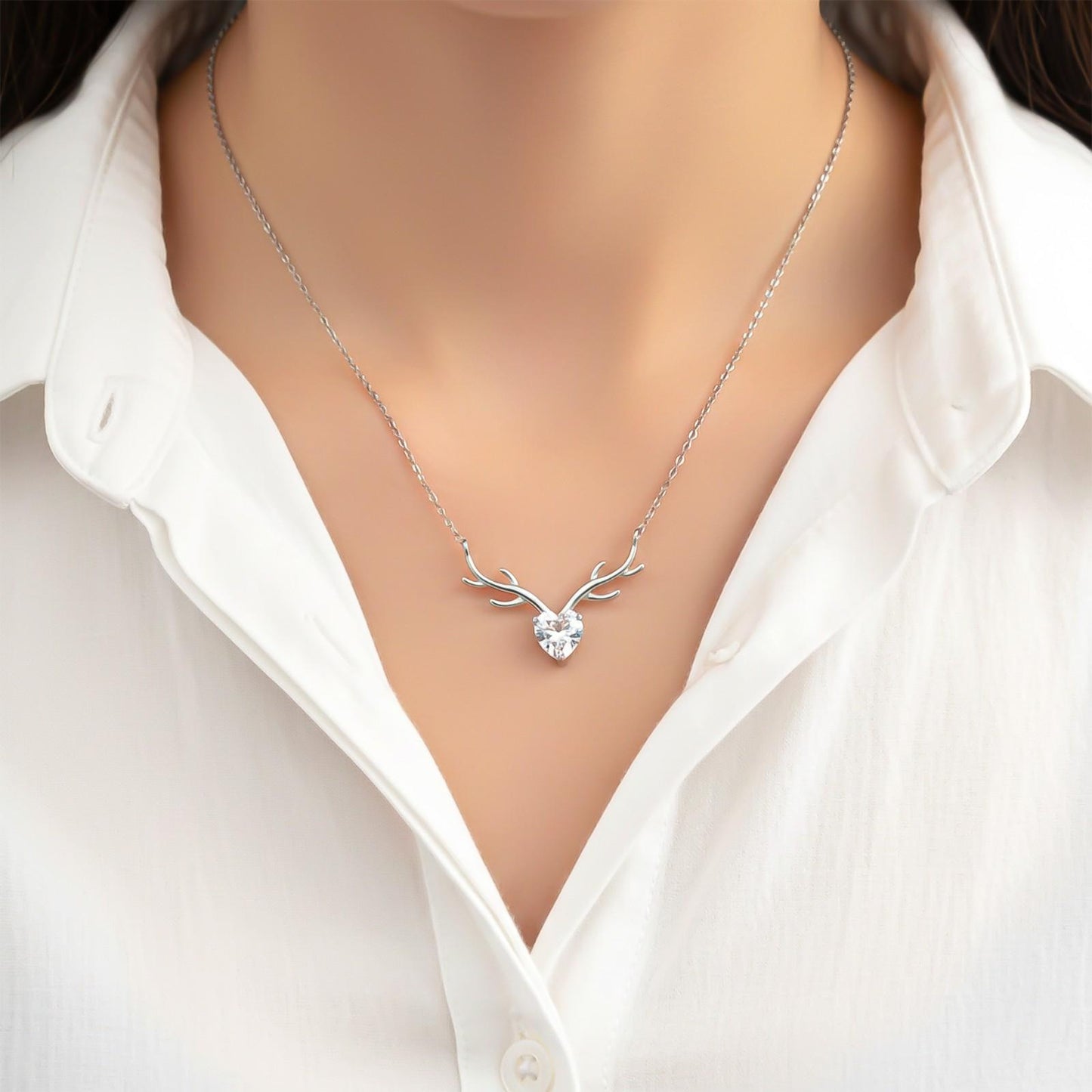 Silver Deer Theme Heart CZ Necklace