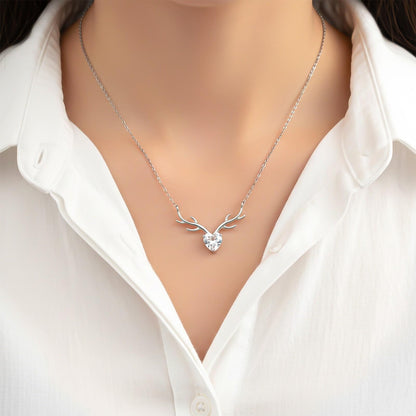 Silver Deer Theme Heart CZ Necklace