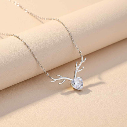 Silver Deer Theme Heart CZ Necklace