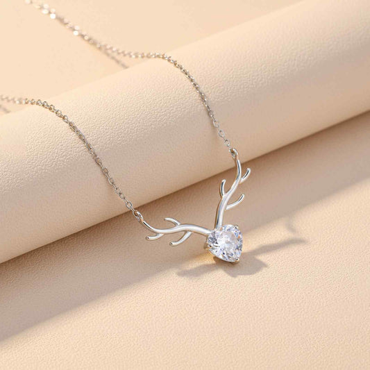 Silver Deer Theme Heart CZ Necklace