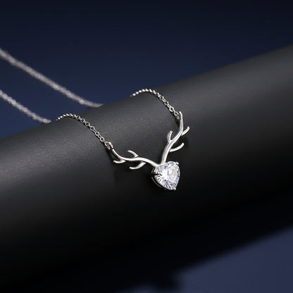 Silver Deer Theme Heart CZ Necklace