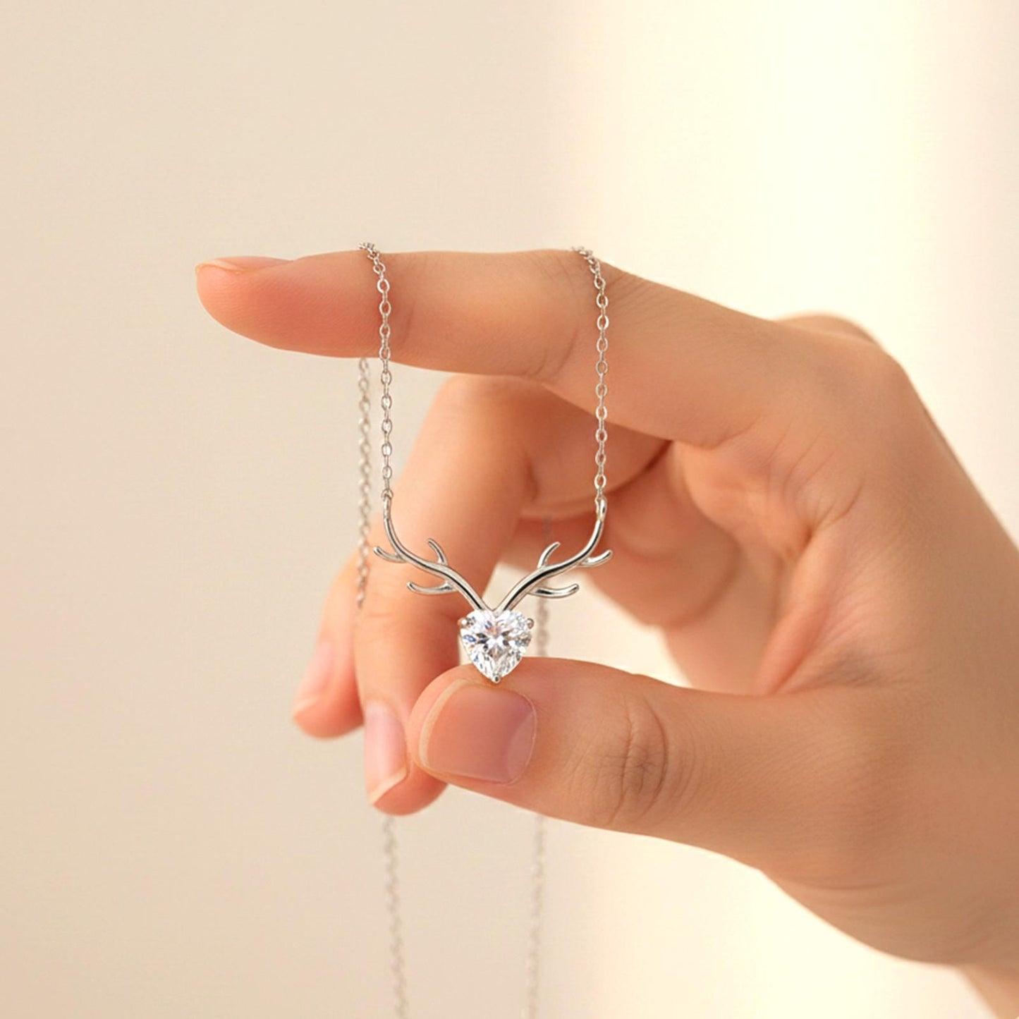 Silver Deer Theme Heart CZ Necklace