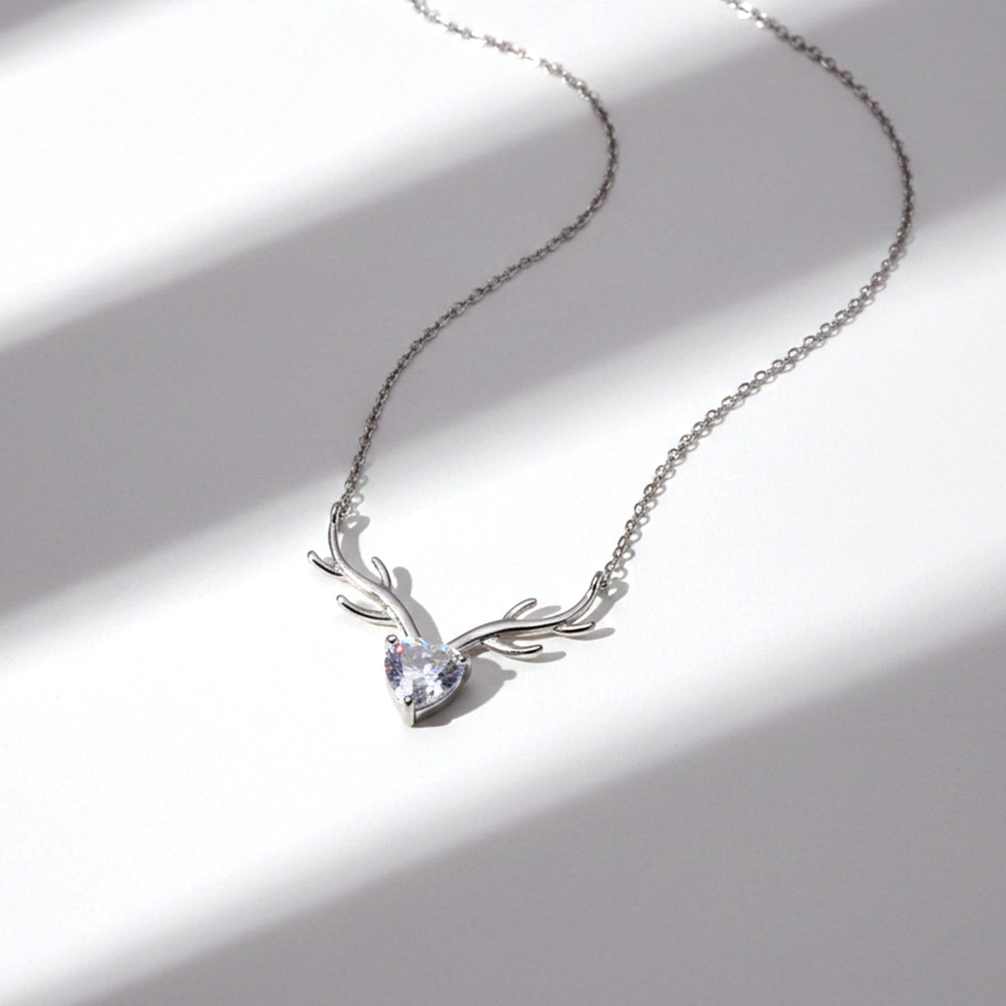 Silver Deer Theme Heart CZ Necklace