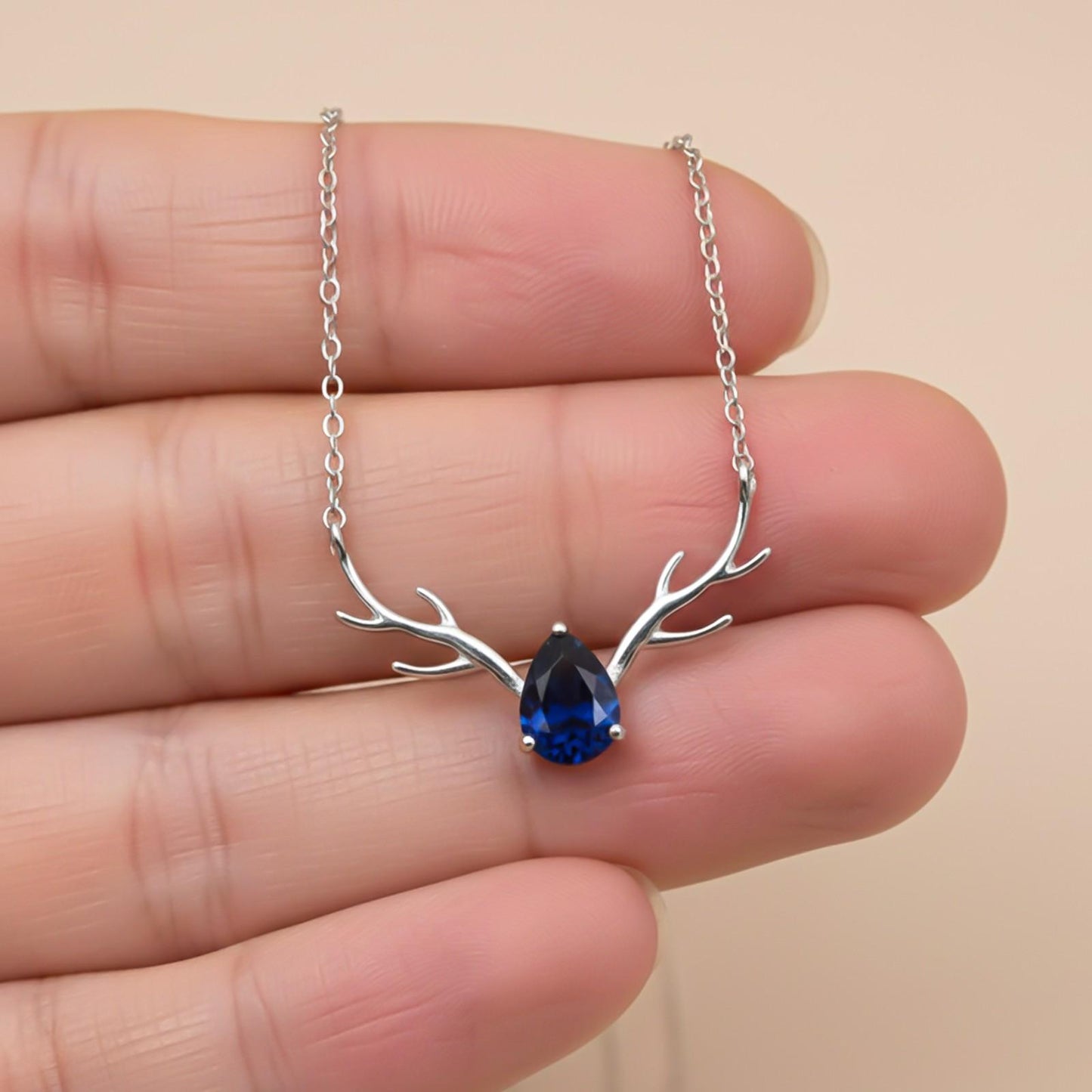 Silver Deer Antler Blue Sapphire Necklace