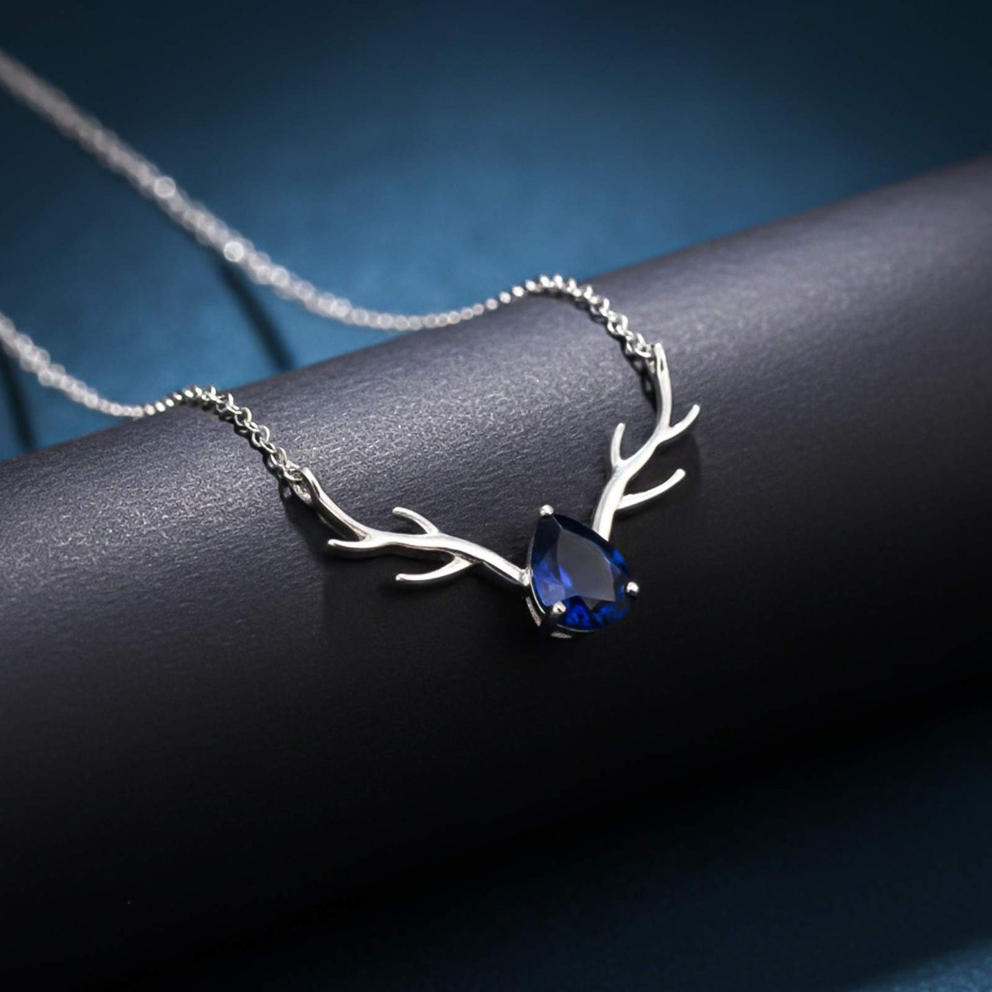 Silver Deer Antler Blue Sapphire Necklace