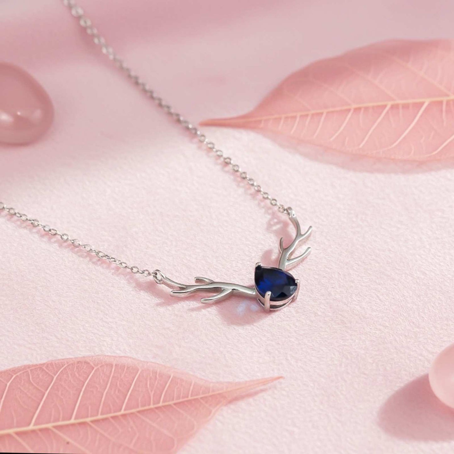 Silver Deer Antler Blue Sapphire Necklace