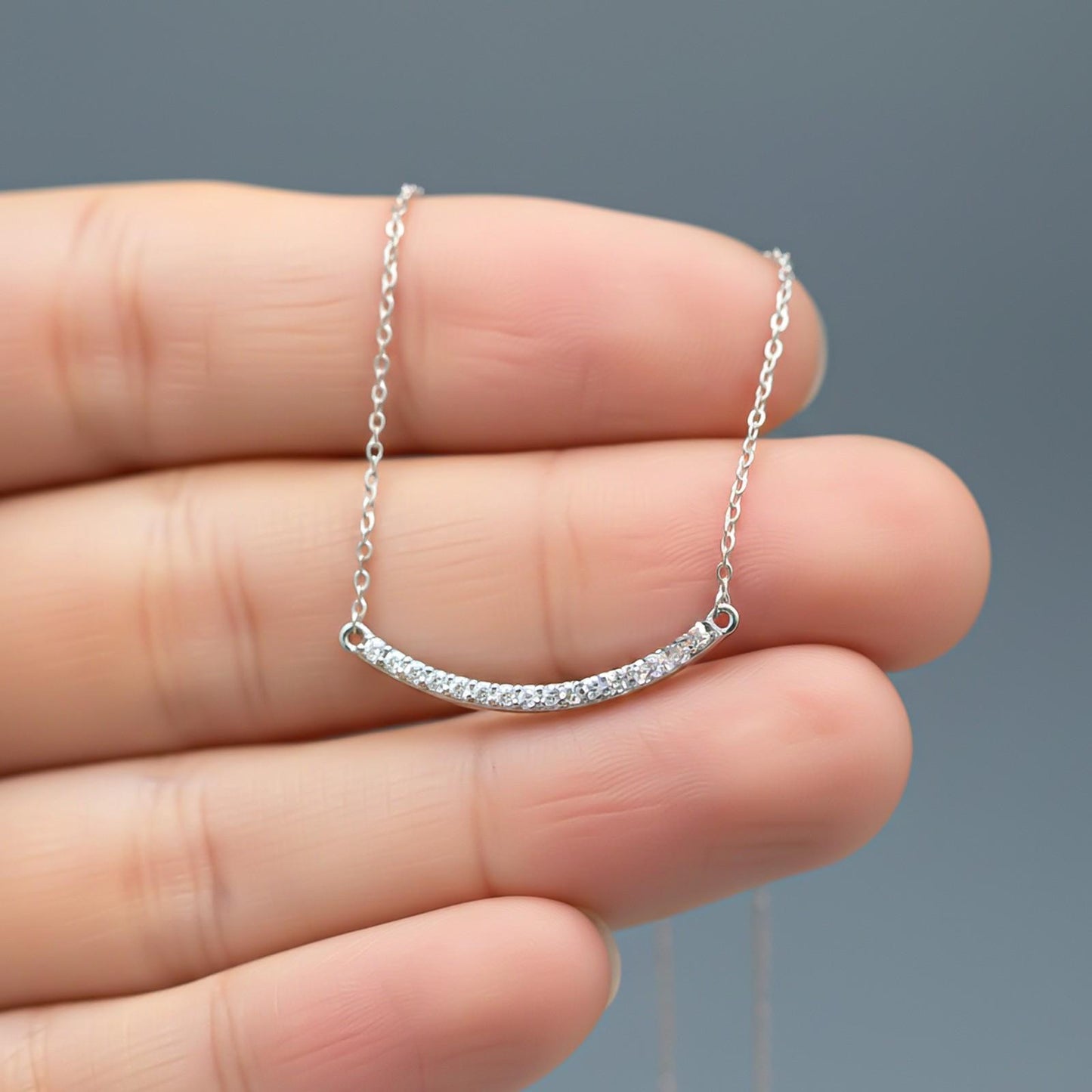 Silver Curved Bar Diamond Necklace