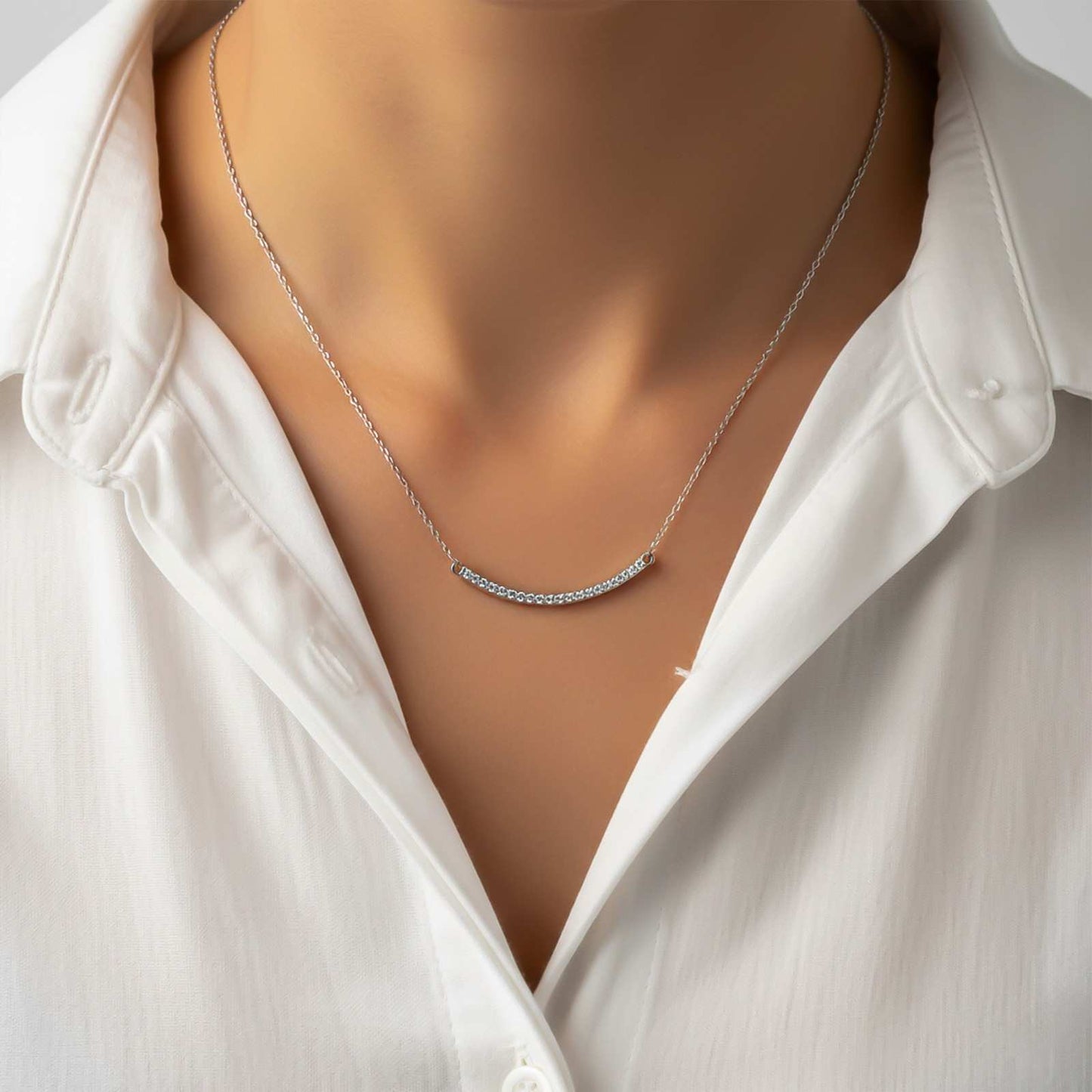 Silver Curved Bar Diamond Necklace