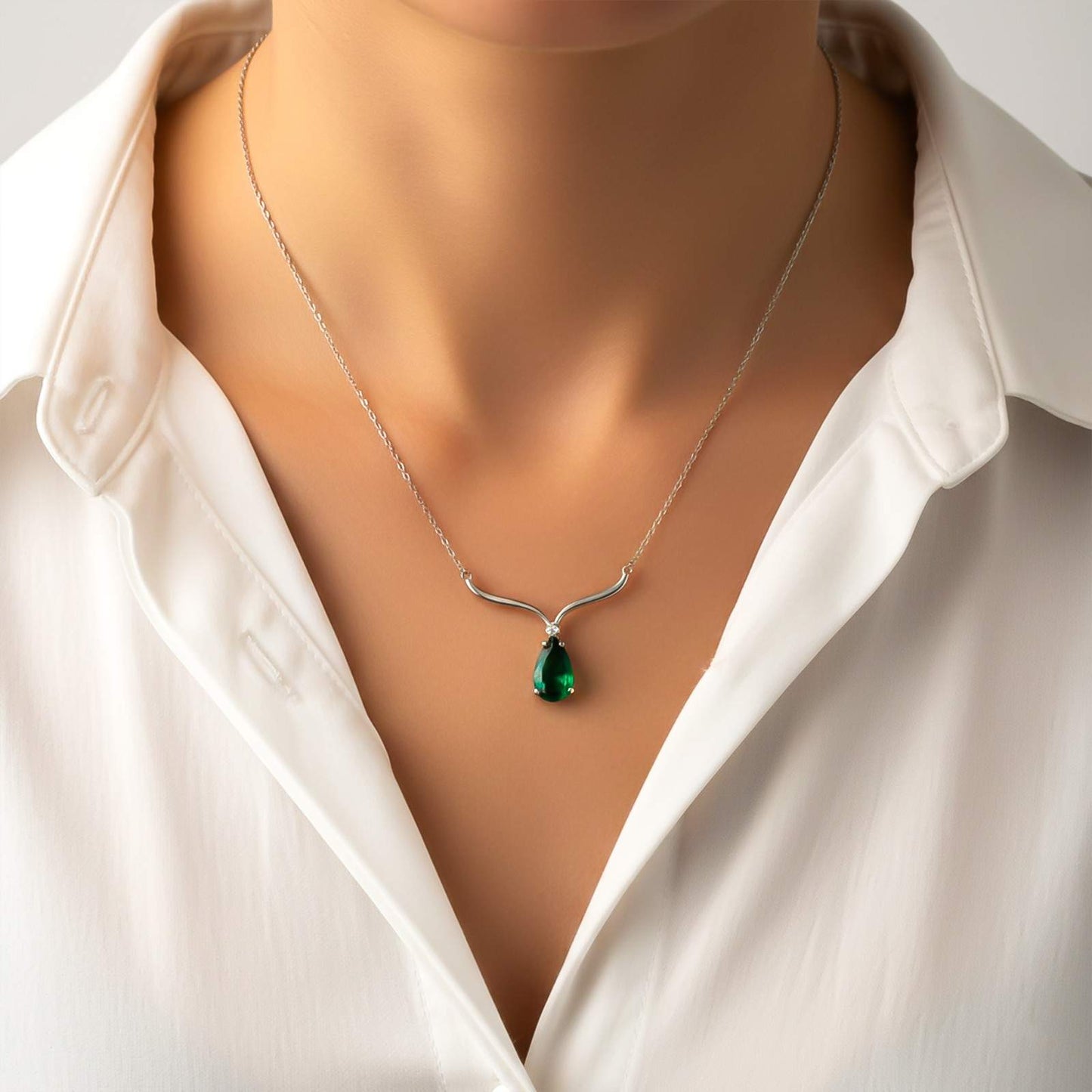 Silver Emerald Vine Drop Necklace