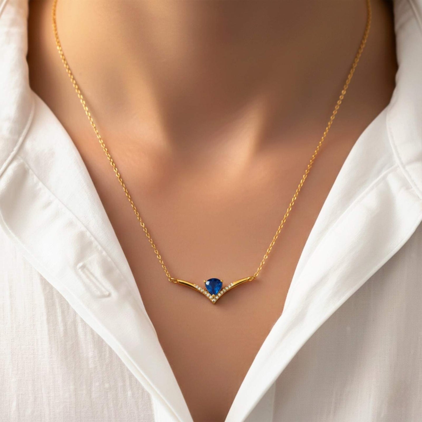 Yellow Gold V-shaped Sapphire Necklace