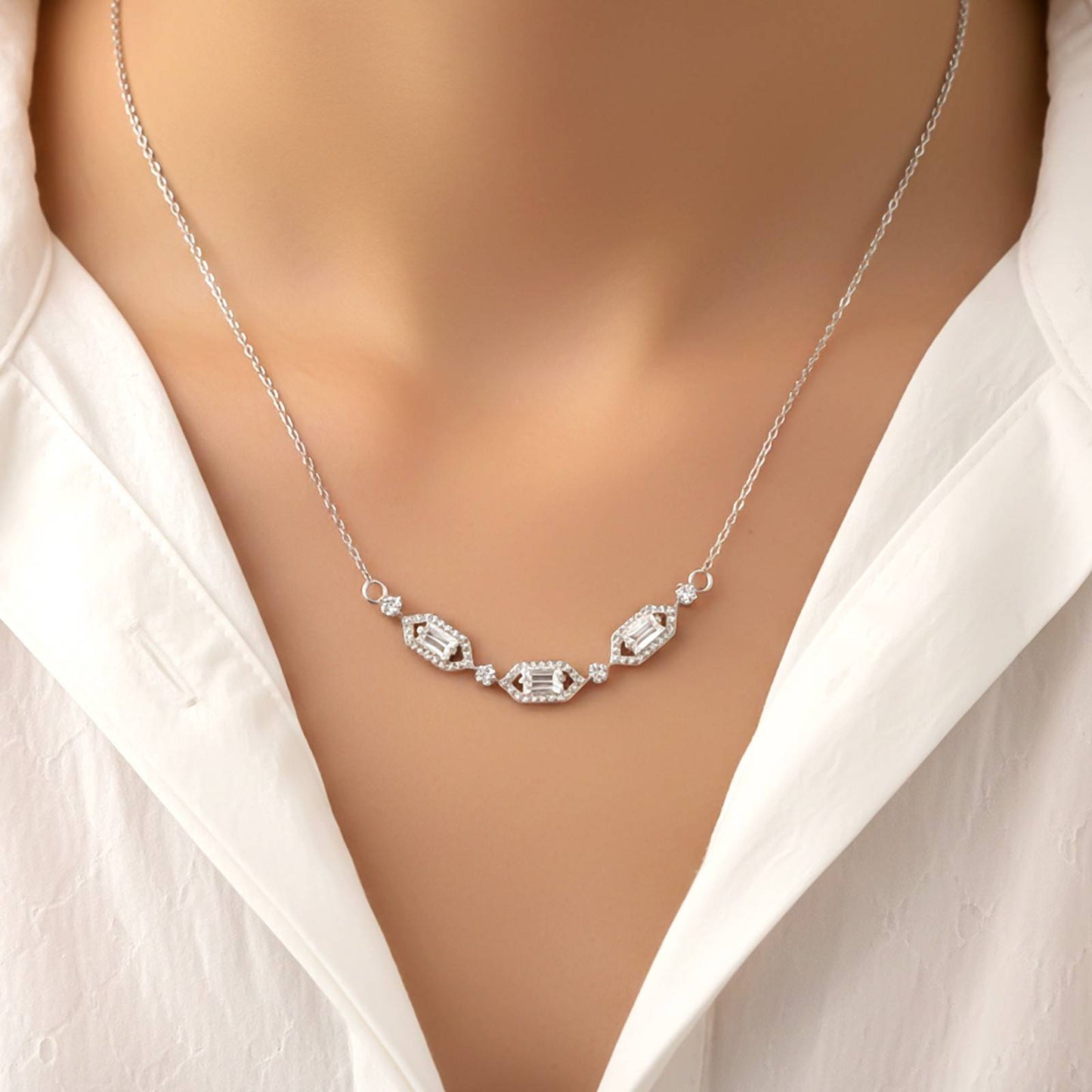Silver Hexagonal Station Necklace