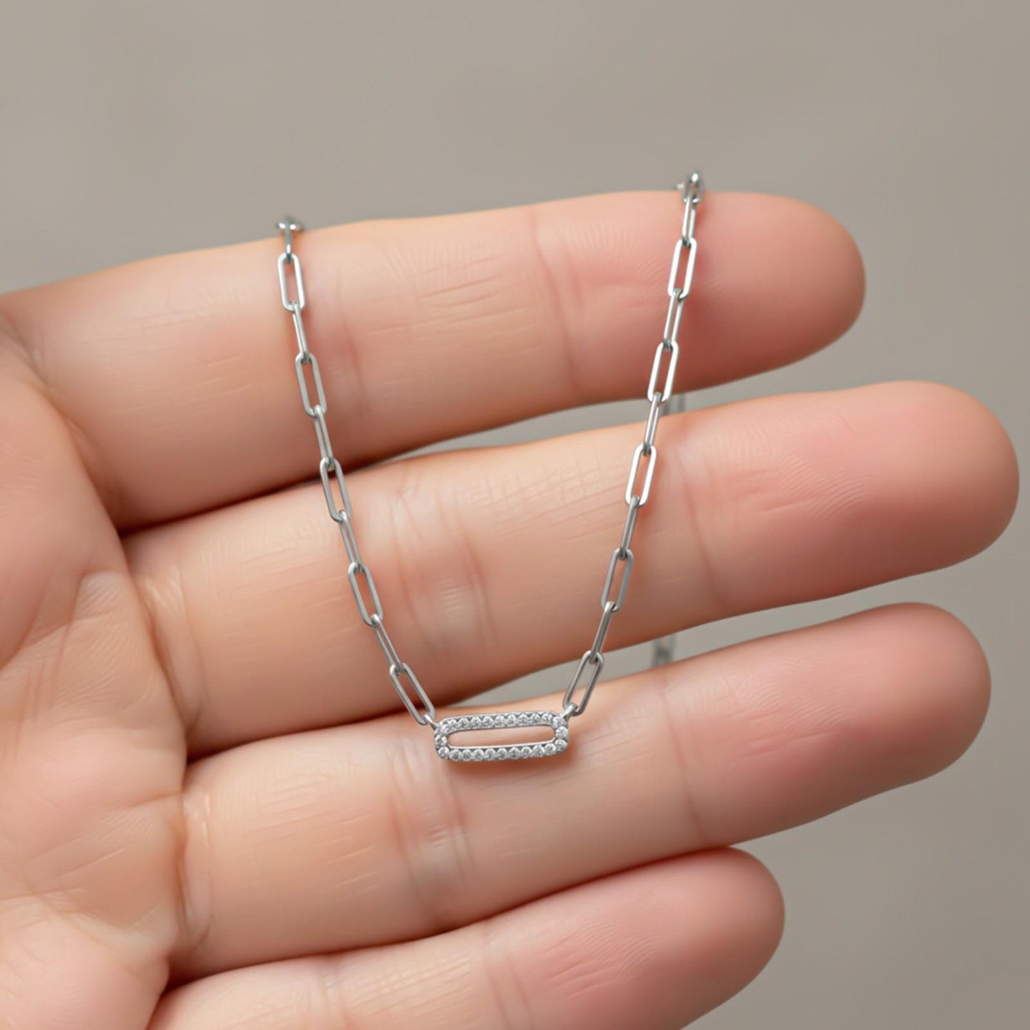 Silver Paperclick Chain Zircon Necklace