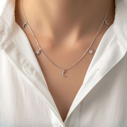 Silver Star and Moon Necklace